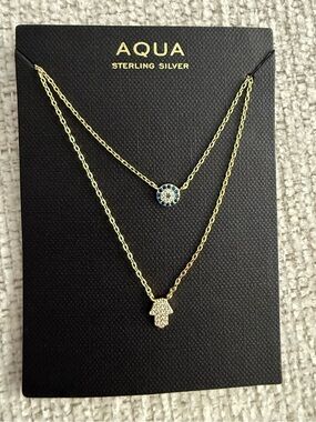 Aqua Gold-Tone Layered Hamsa Hand & Blue Pavé Eye Necklace